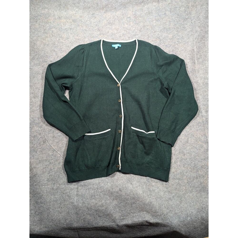 Draper James Dark Green Cardigan with Cream Trim